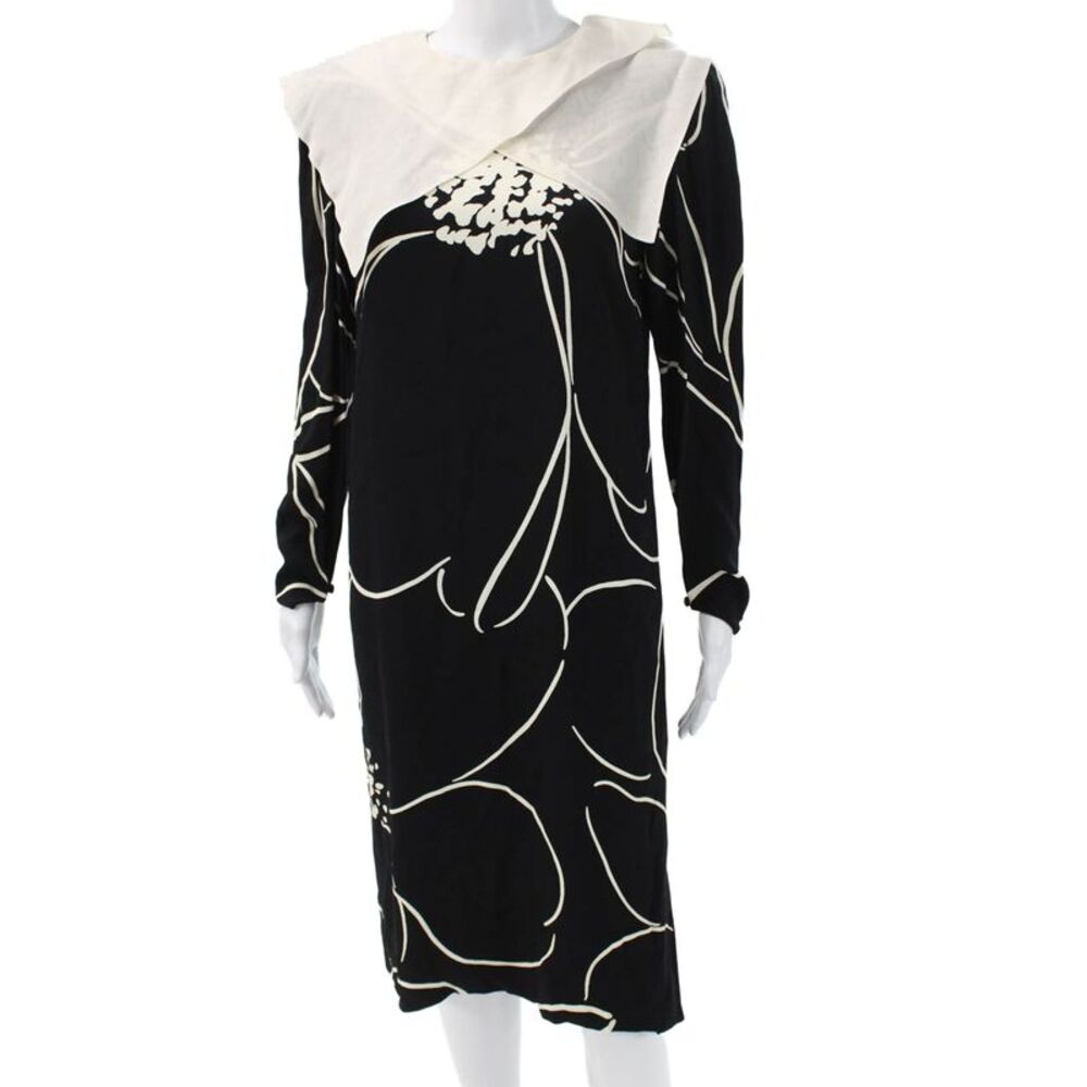 Guy Laroche Womens Shift Dress Black Floral Viscose Long Sleeve Size 38